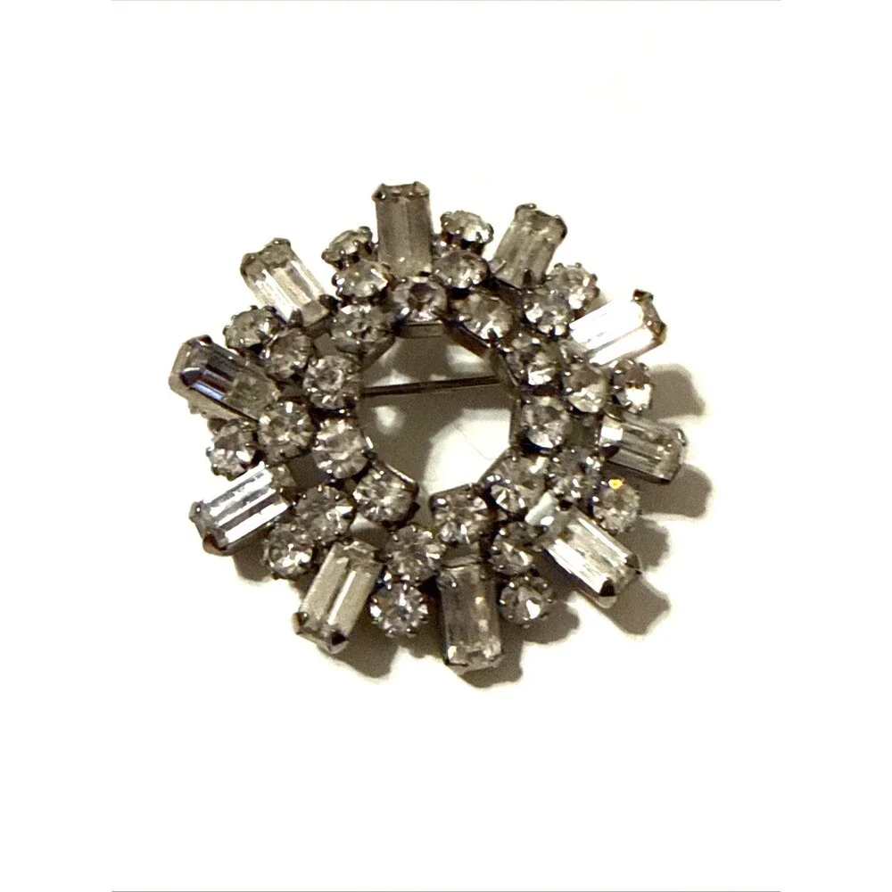 Vintage Crystal Rhinestone Baguette Cluster Brooch Round Statement Pin 2.5
