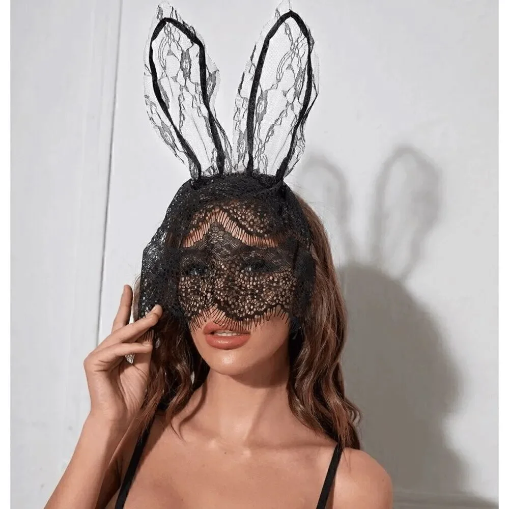 🖤 Sexy Playboy Bunny Costume Black Lace Rabbit Ears Hair Hoop Hairband Mask NEW