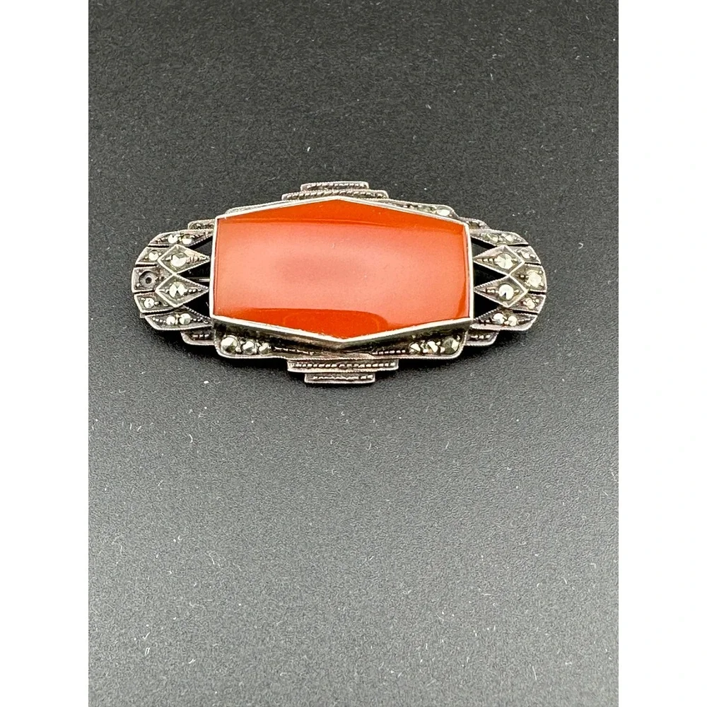 Vintage Art Deco 1920s Carnelian Sterling Silver Marcasite Brooch Pin Germany