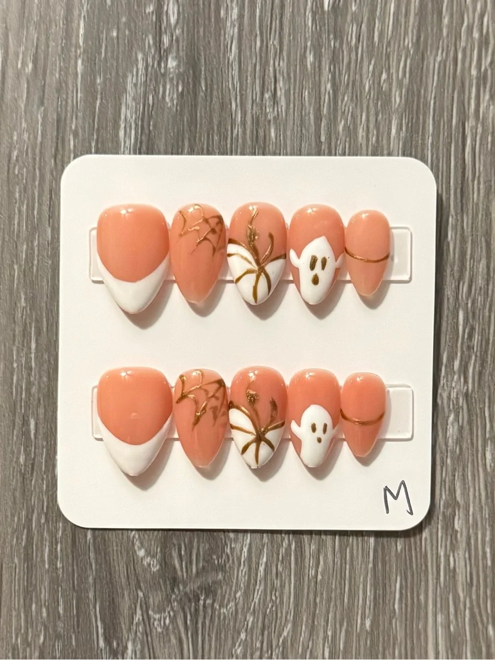 Peach & White Ghost Accent Press-On Nails with Gold Detail