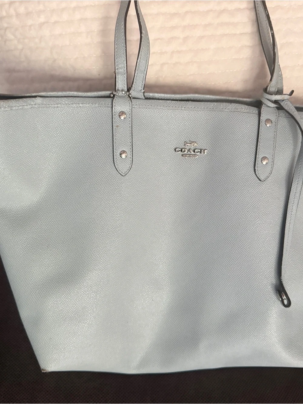 Coach Light Blue Pebbled Leather Tote with Silver Accents