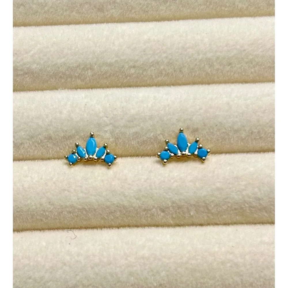 Dainty Turquoise CZ Fan Earrings 925 Sterling Silver 14k Yellow Gold Plated