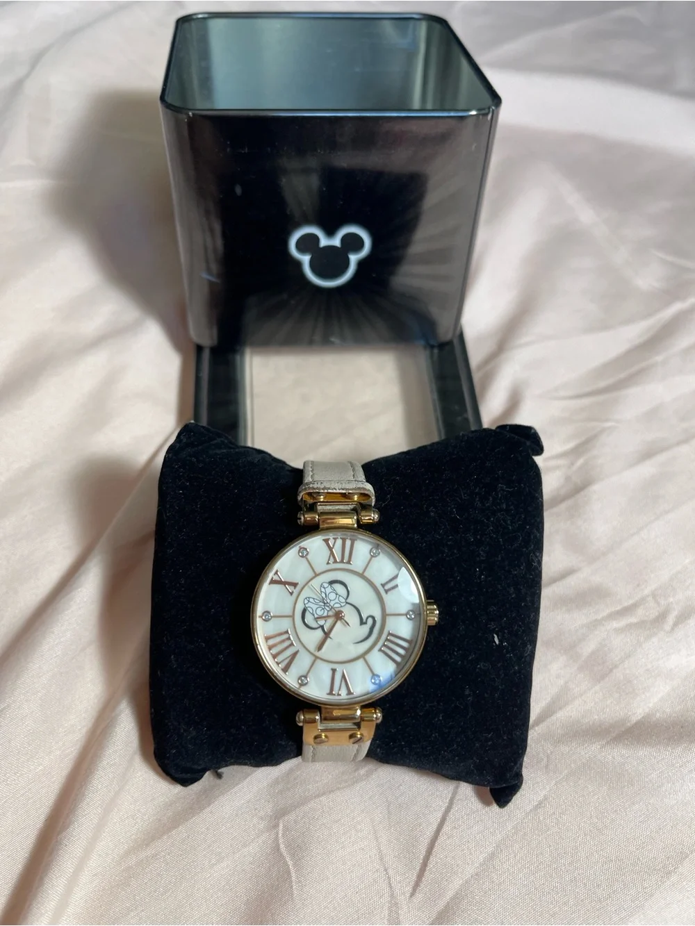 Disney Gold-Tone Watch with White Dial and Beige Strap