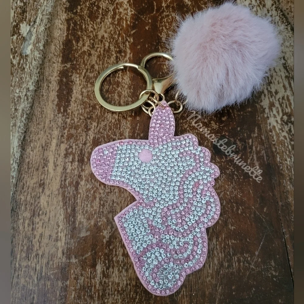 2/$16 Rhinestone Unicorn Pom Pom Keychain Bag Charm
