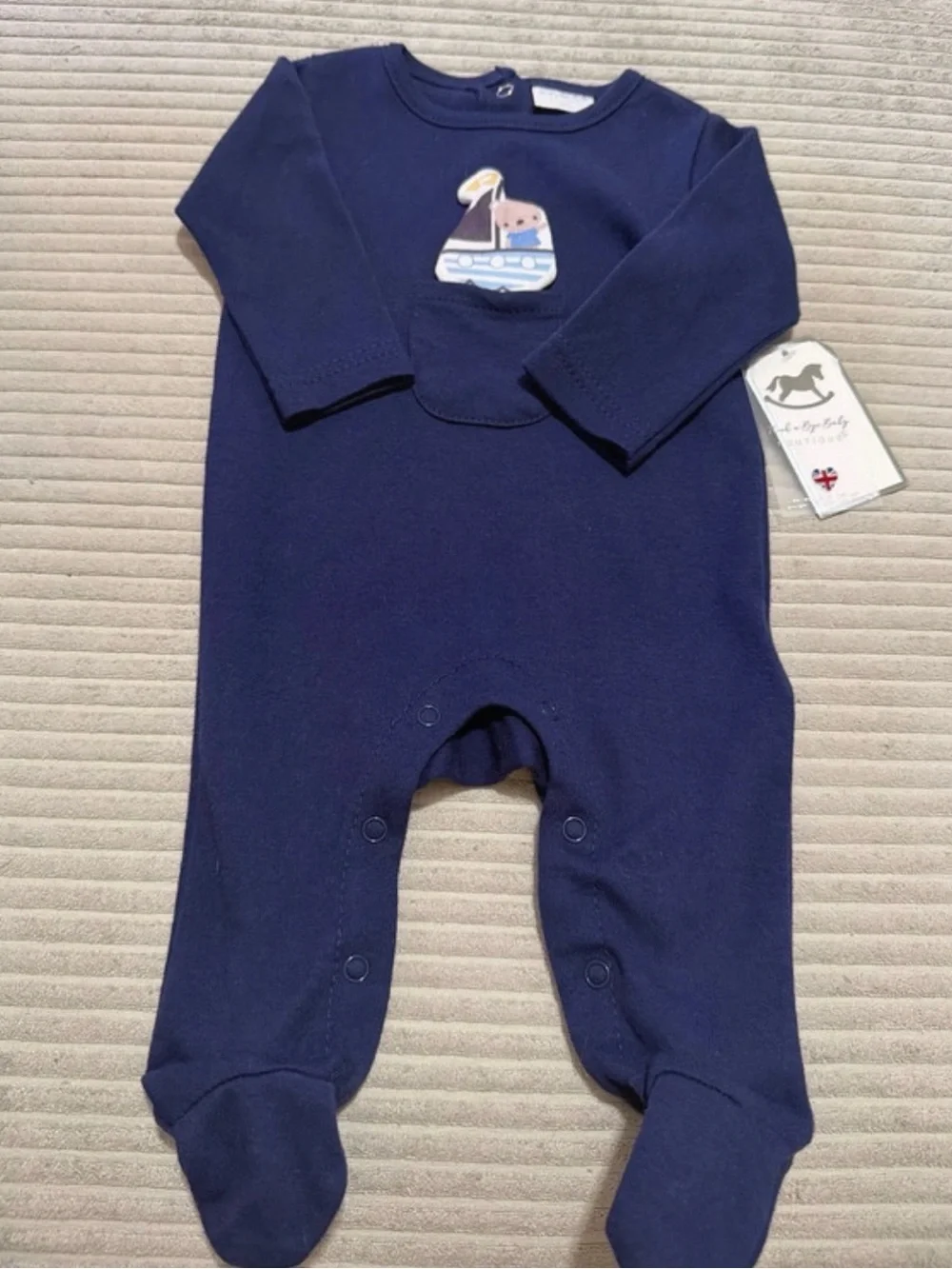 Classic Navy Footed Baby One-Piece with Sailboat Appliqué