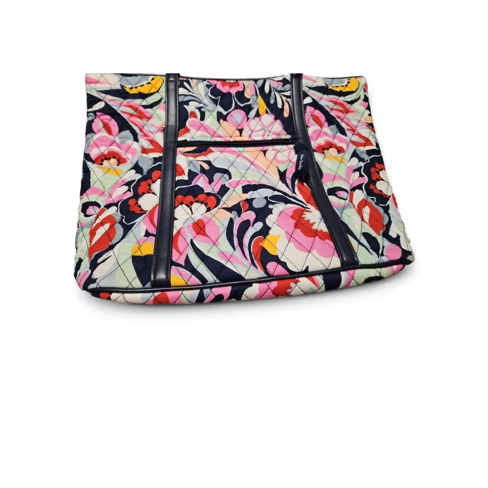 Vera Bradley Quilted Floral Tote Bag Navy Blue Trim Multi Color Shoulder Bag