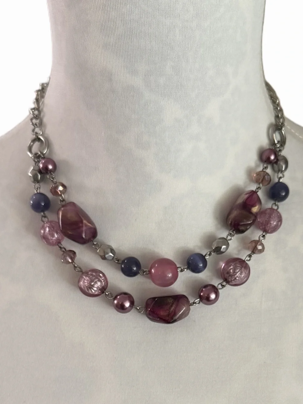 Statement Beaded Necklace Purple Pink Silver Tone Multi Strand Adjustable