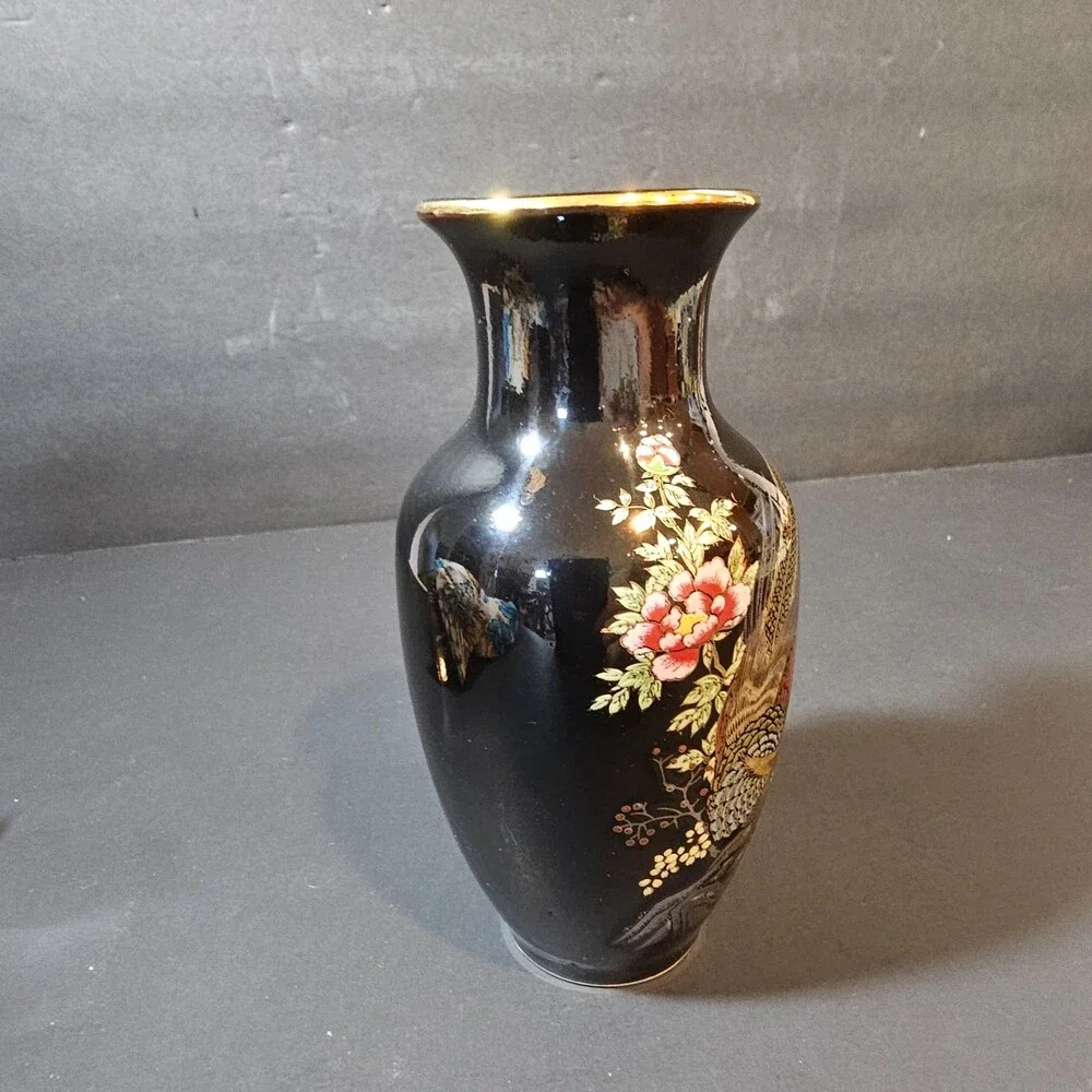 Vtg Black Japanese Cobalt Quail Hand-painted Vase Excellent Condition