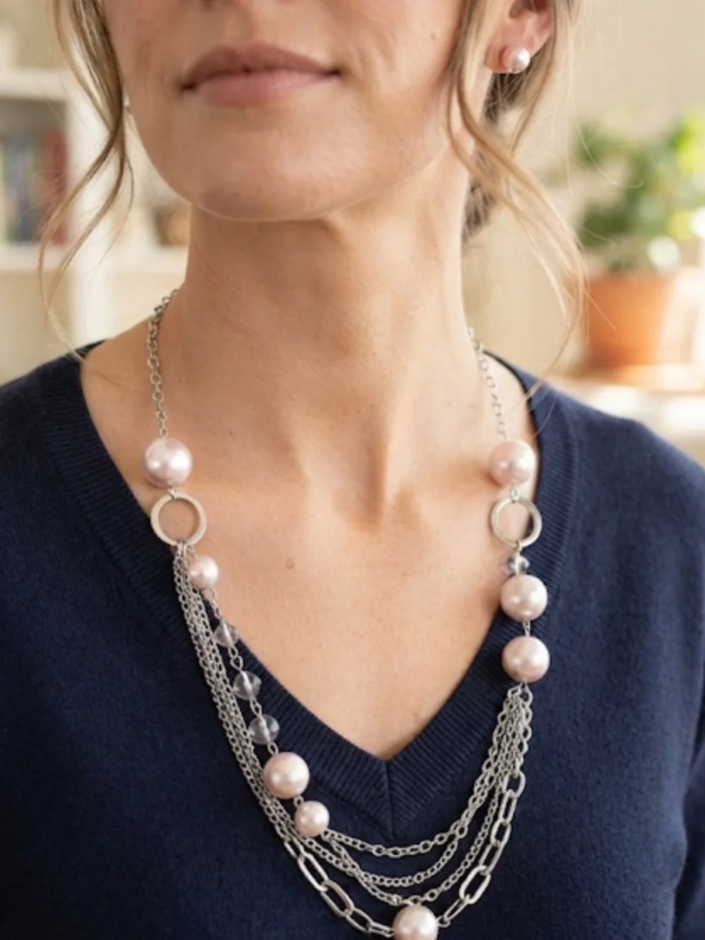 Silver Multi-Chain Necklace with Pink Pearls - Women Jewelry