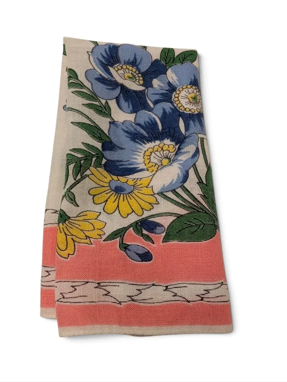 VINTAGE Hankerchief Floral Pink Blue Yellow White Colorful Bouquet Retro Print