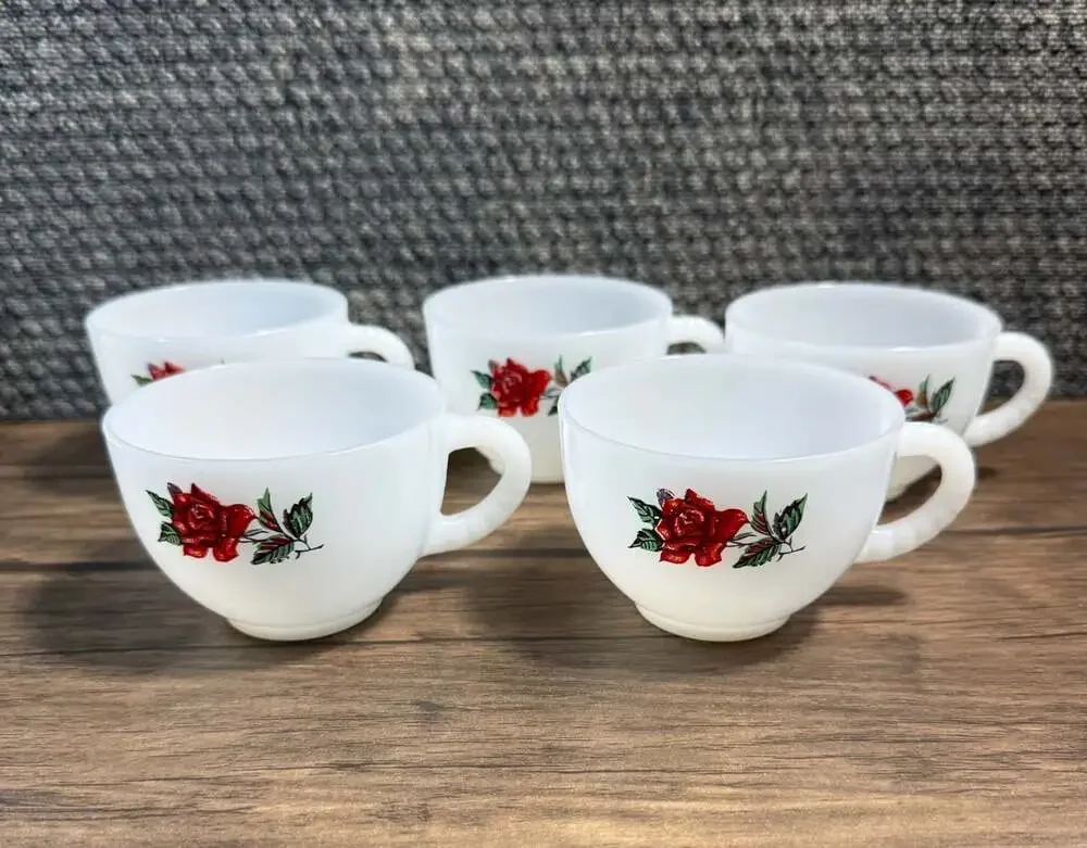 Vintage Rosecrest Federal Milk Glass Cups Red Rose Pattern Set of 5