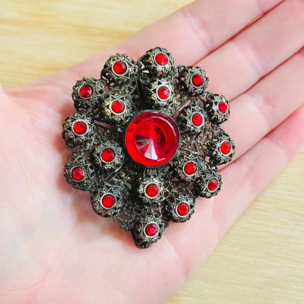 Fur Dress Clip Pin Red Rhinestone Art Deco Antique Filigree Goth Filigree VTG
