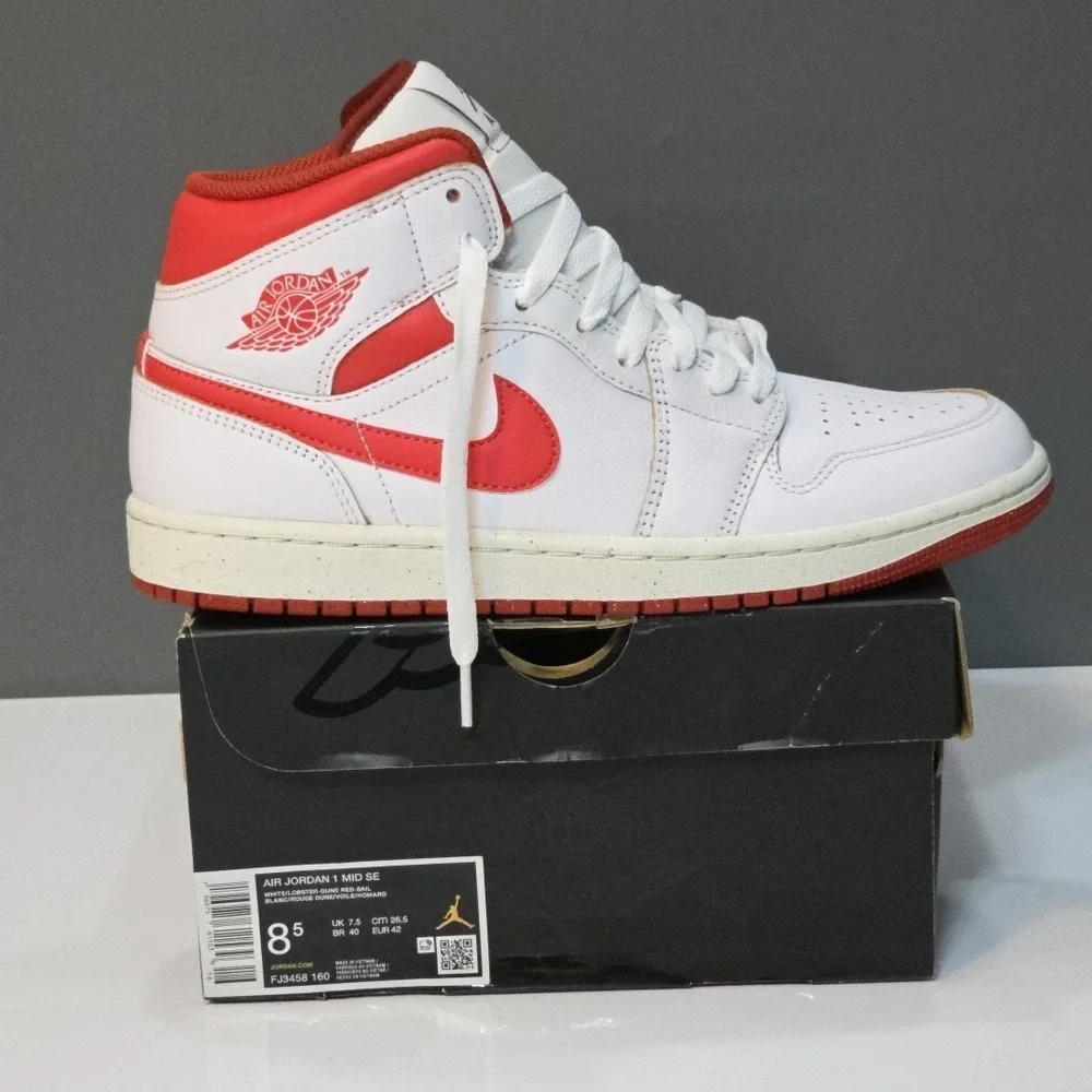 Air Jordan 1 Mid SE White/lobster Red - Sail Men's Size US 8.5 FJ3458 160‎ NIB