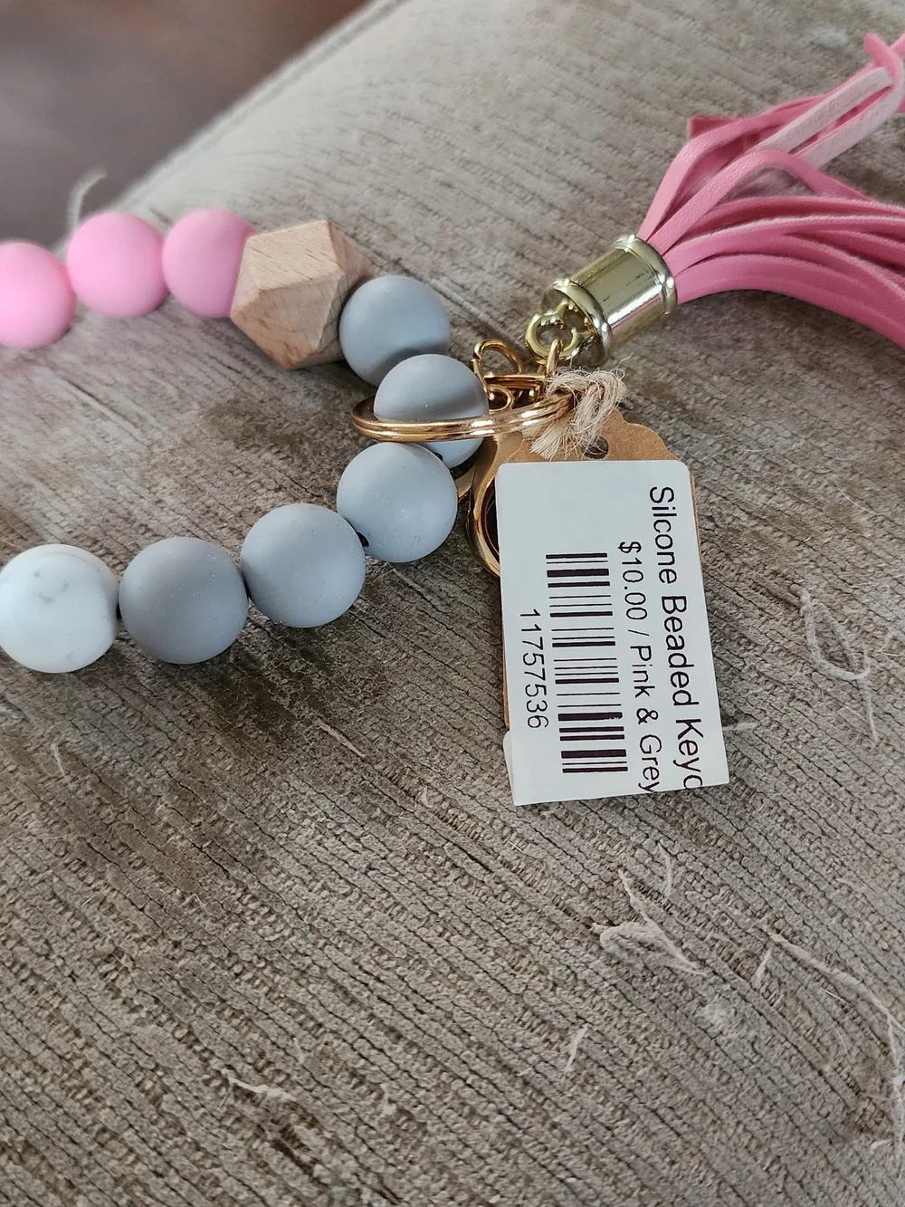 Silicone Beaded Keychain with Pink Tassel and‎ Gray Beads