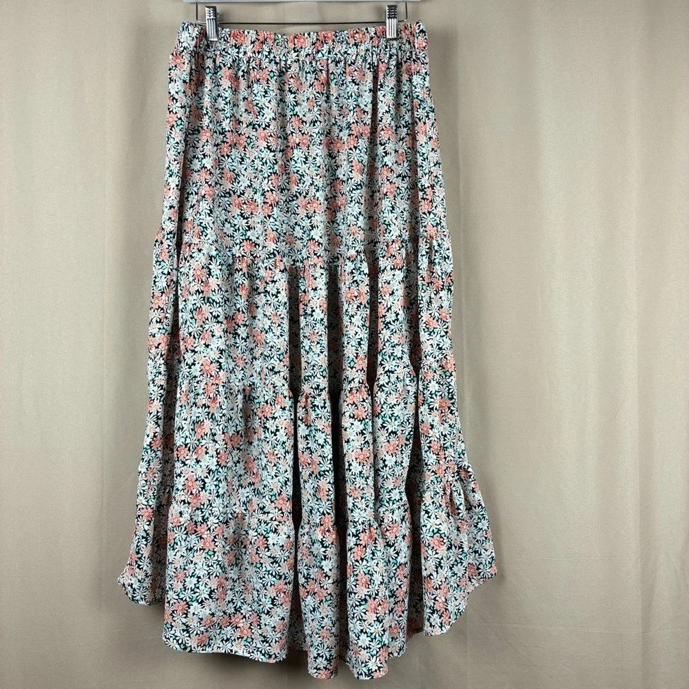 SimpleFun Womens Skirt 2XL Floral Tiered High Low Boho Cottagecore Peasant Skirt