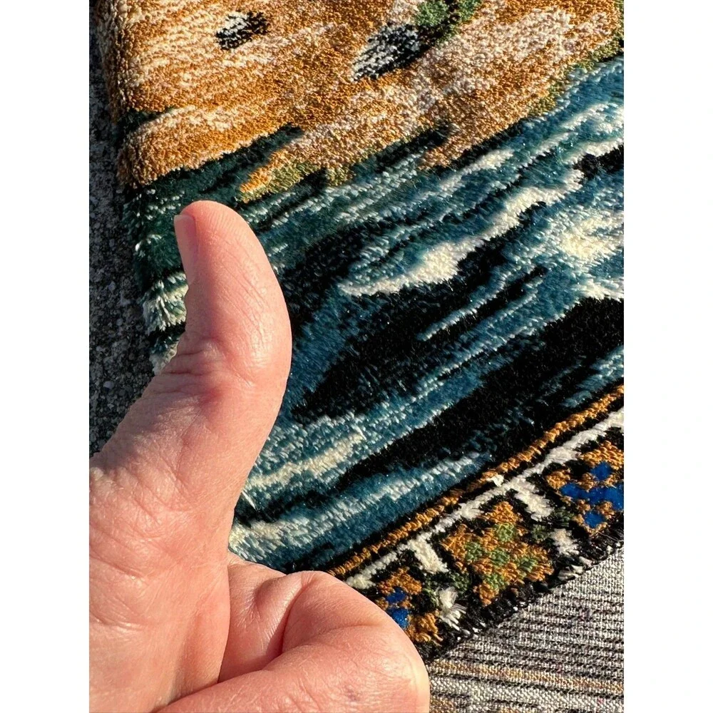 Vintage Italy Velvet Wall Rug Nautical Ship Lighthouse Scene 58x38