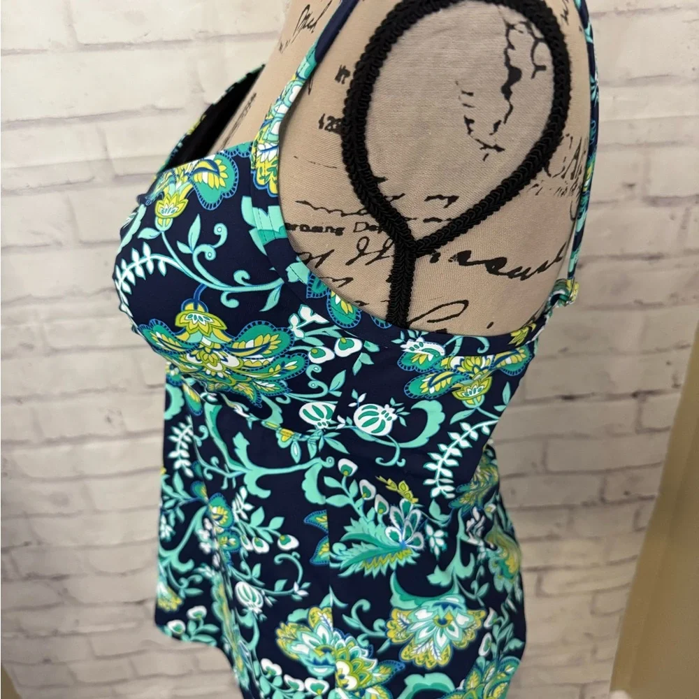 Lands' End Size‎ 32DD/34D Blue Green Floral Tankini Top Underwire Bra Swimsuit