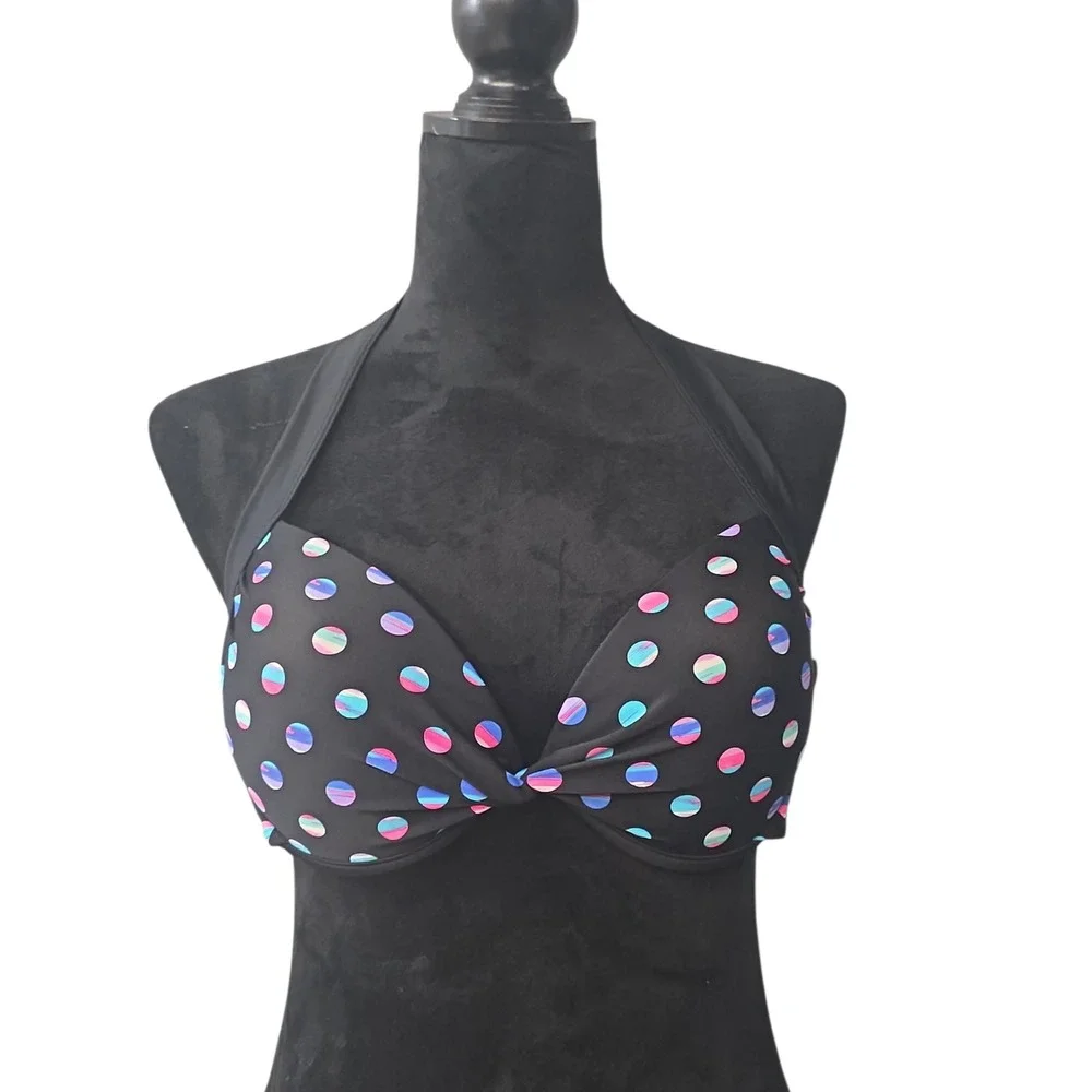 Tahiti Womens Large Black Holographic Polka Dot‎ Halter Underwire Bikini Top L