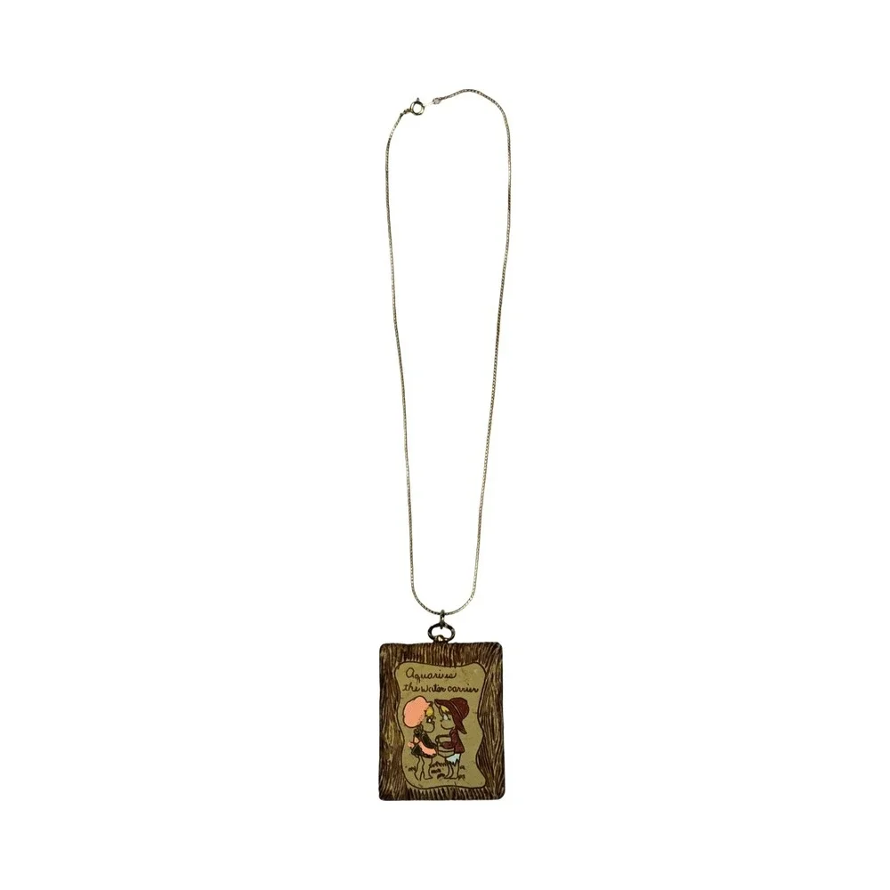VTG 70s L. Razza Aquarius Zodiac Pendant Necklace Gold Tone Retro Gift Kitsch