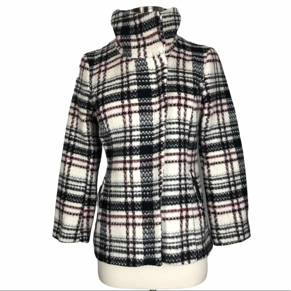 Soia & Kyo White Black & Red Plaid Preppy Moto Punk Designer Wool Coat Jacket XS