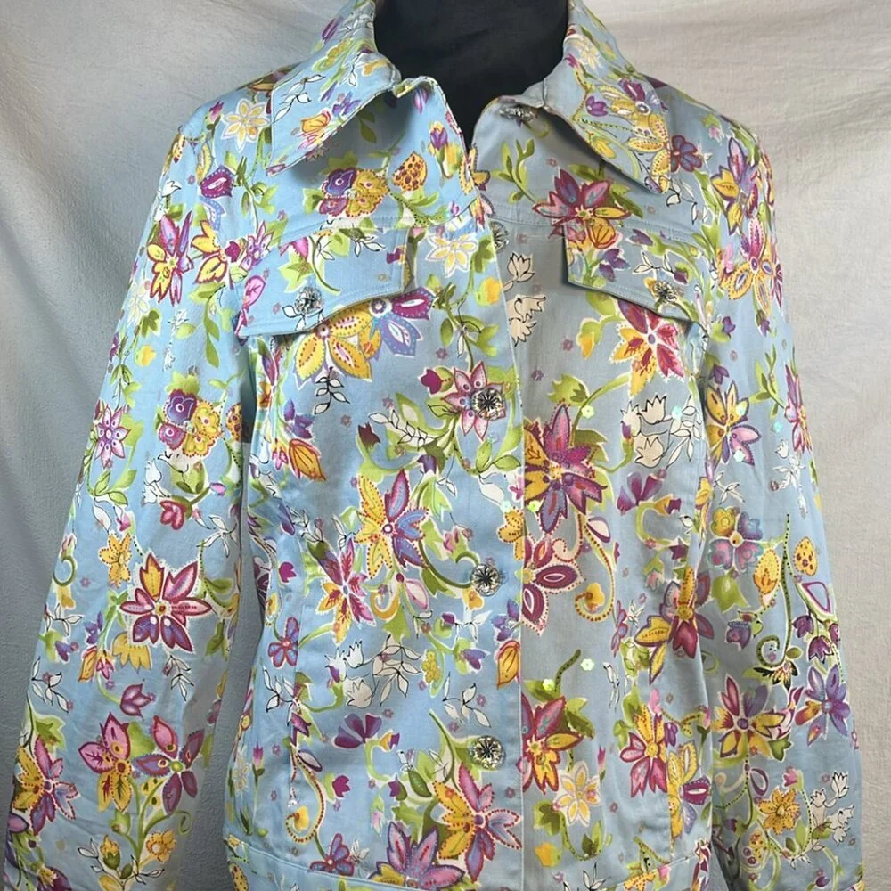 REDD Jeans Jacket Women's Sz 8 Blue Floral Iridescent Sequins Y2K Vtg Colorful A