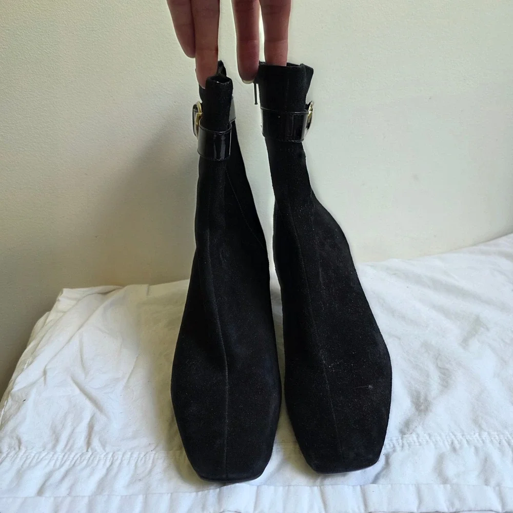 Bandolino Black Suede Ankle Boots Square Toe Buckle Block Heel Womens 7M Y2K 90s