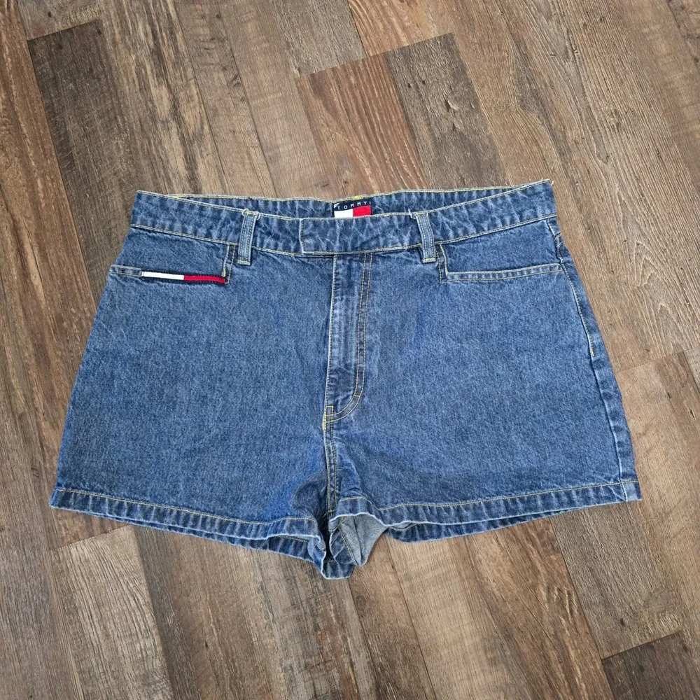 Tommy Jeans Denim Shorts SZ 13‎ Blue High Waisted 90s Y2K Logo Medium Wash