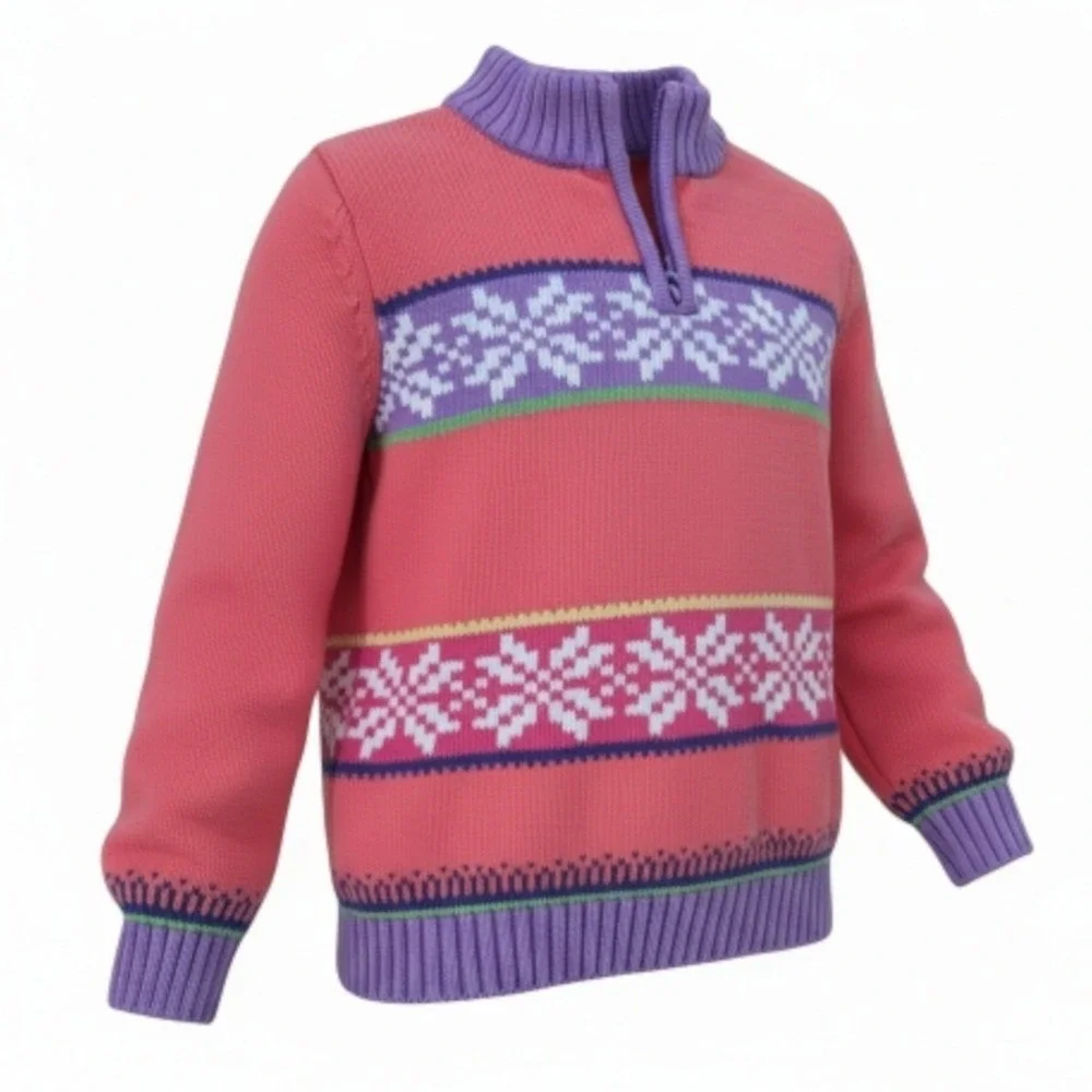 Hanna Andersson Kids‎ Pink Nordic Fair Isle Snowflake Cotton Quarter Zip Sweater
