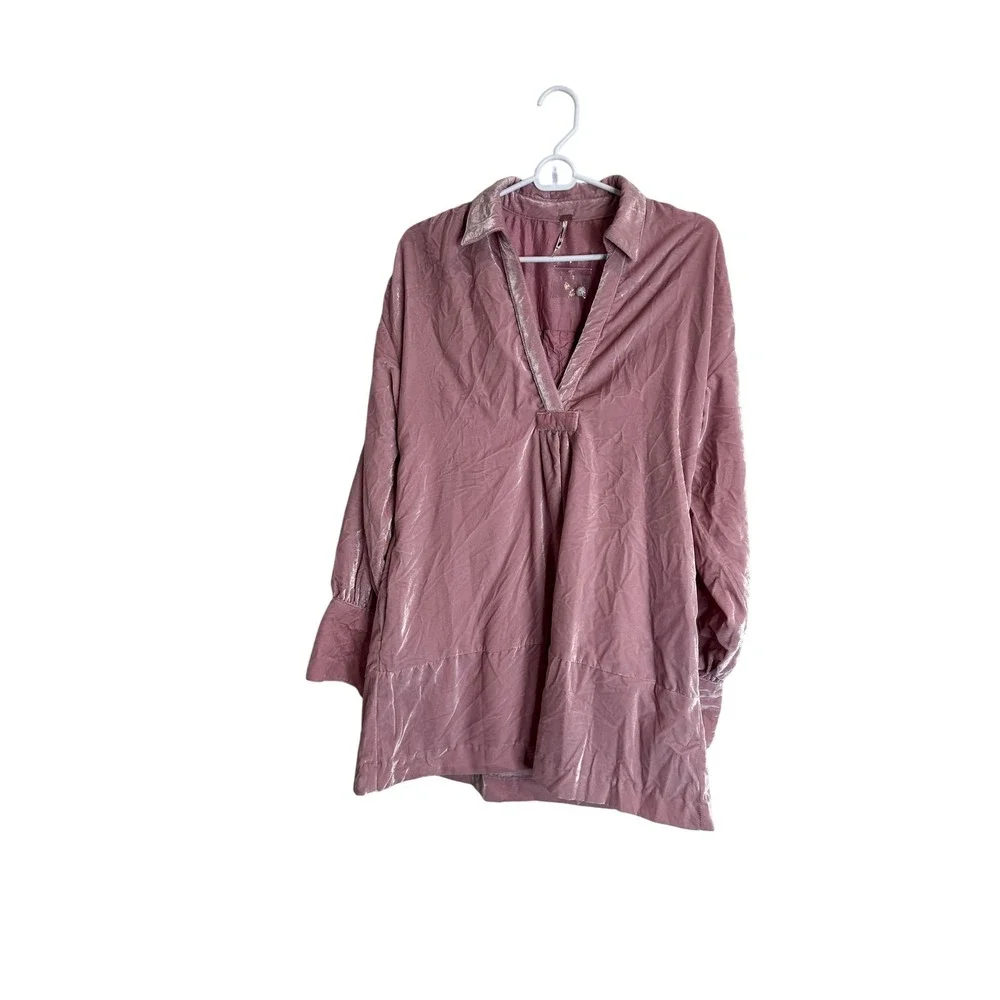 Free People Tunic Shirt Womens XS‎ Pink Velvet Collared Long Sleeve Pockets Boho