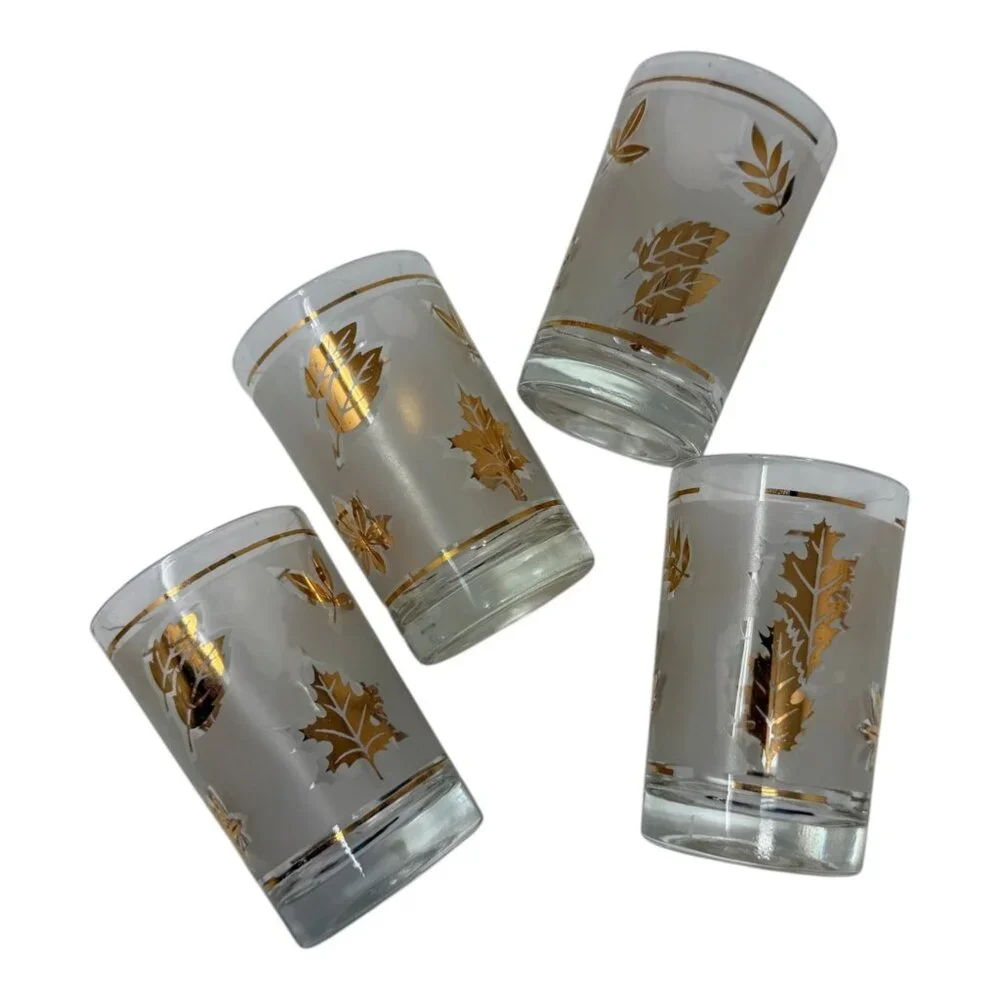 Vintage Libbey Golden Foliage 6 oz Frosted Tumblers Set of 4 1970s‎