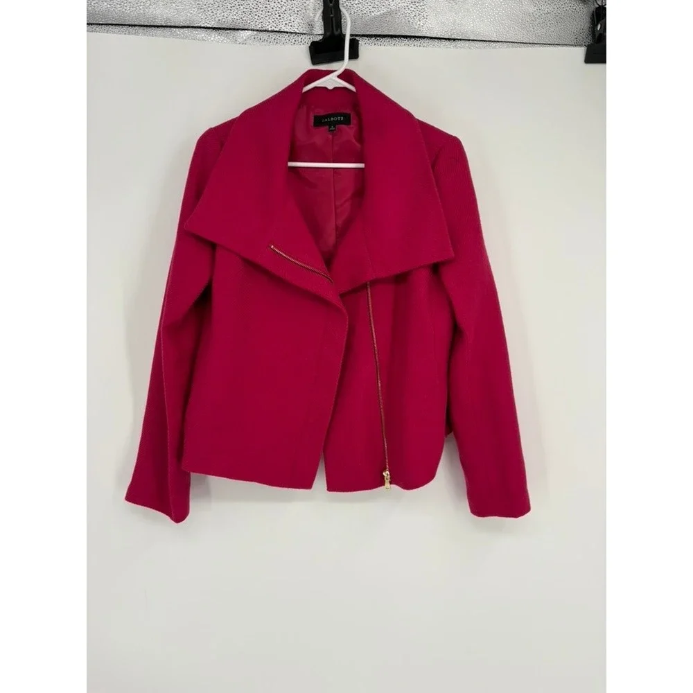 Talbots Jacket Womens 6 Pink Wool Blend Asymmetric Zip Oversized Collar Textured
