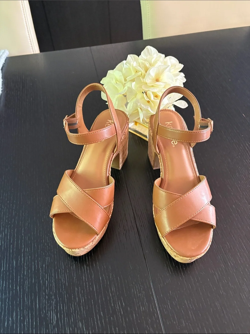 Kensie Brown Leather-Look Crisscross Wedge Sandals