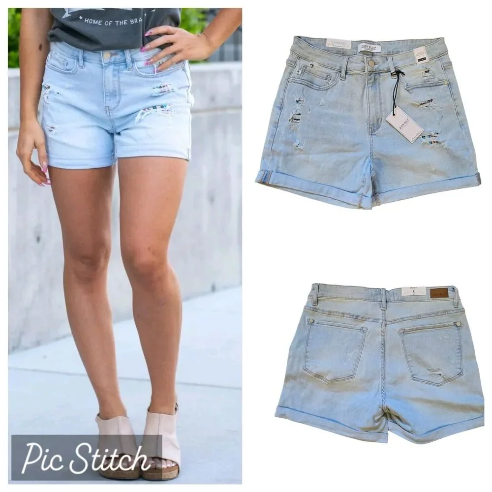 Judy Blue Shorts Cuffed Southwest Patches‎ Tribal Aztec