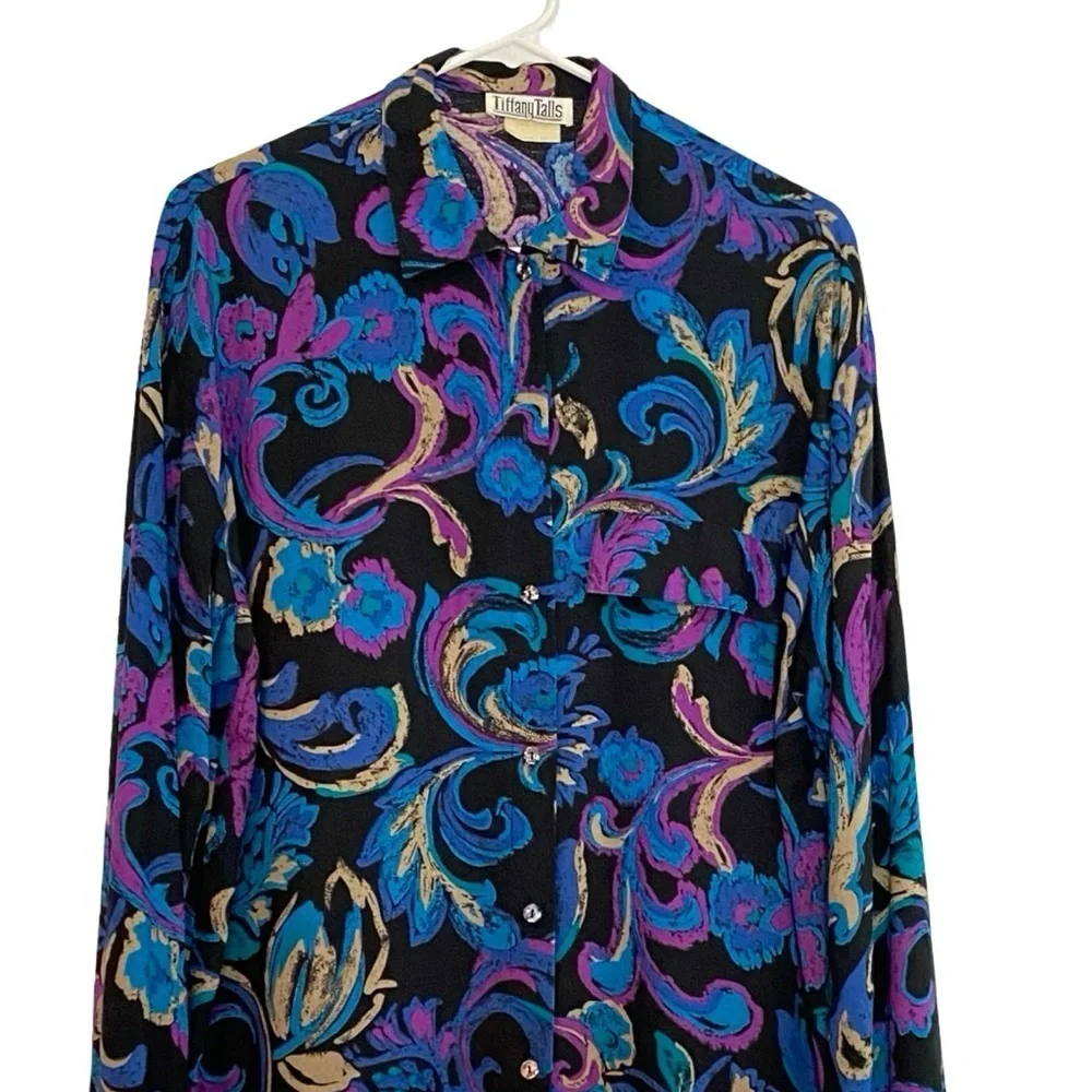 Vintage 80s 90s Button Down Shirt Blouse Womens Size 12 Large Floral Tunic Black