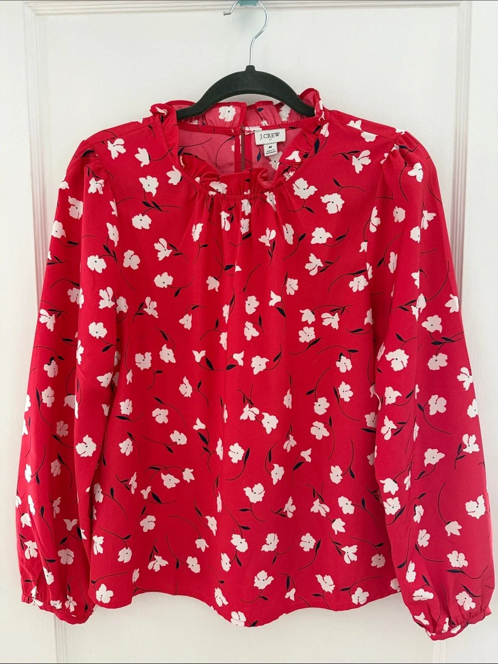 J. Crew Red Floral Ruffle-Neck Long Sleeve Blouse