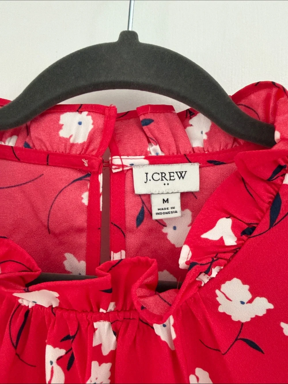 J. Crew Red Floral Ruffle-Neck Long Sleeve Blouse