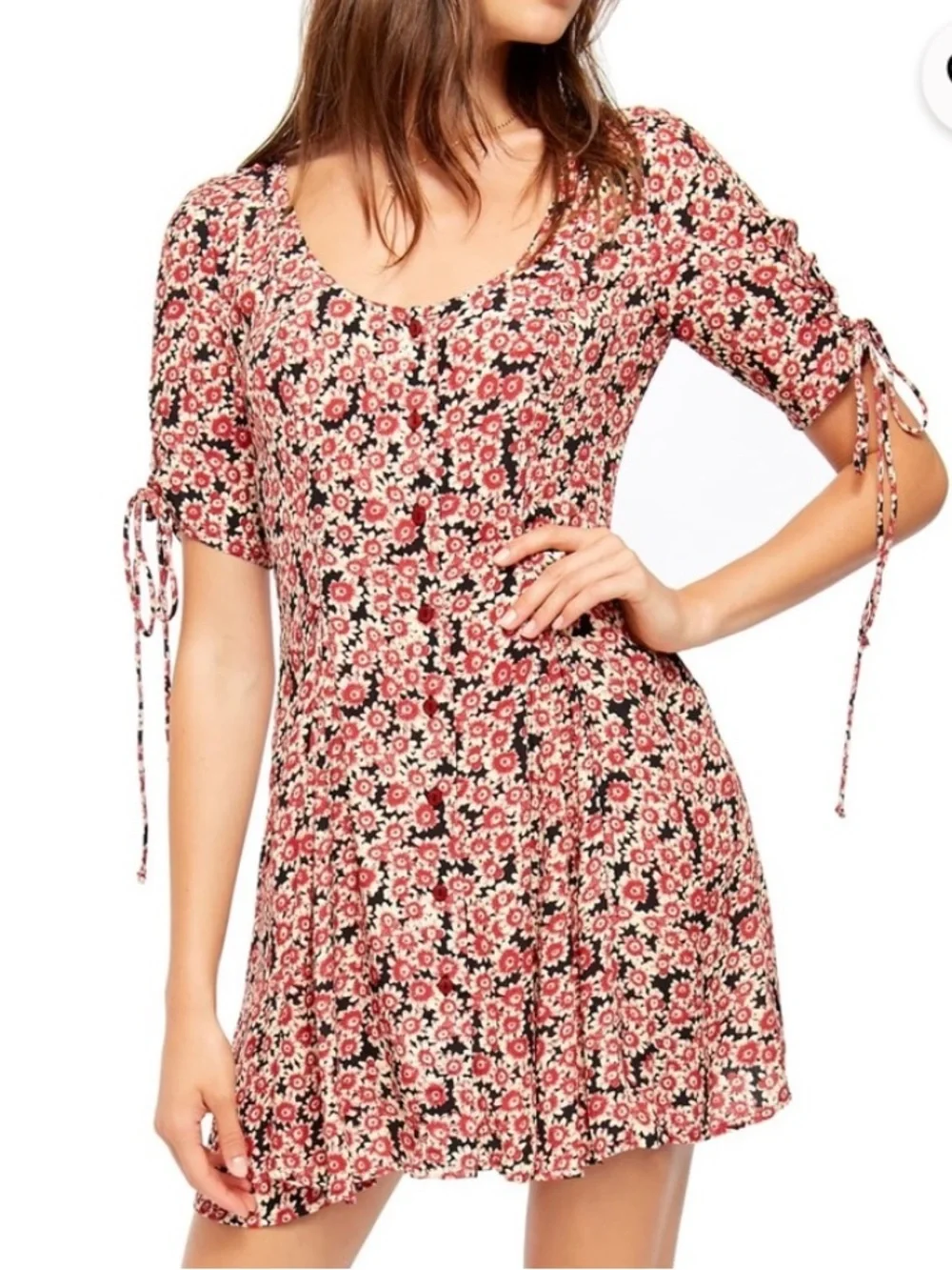 Free People Lace Up Mini Black Combo Dress Buttoned Front Ditsy Floral Print S