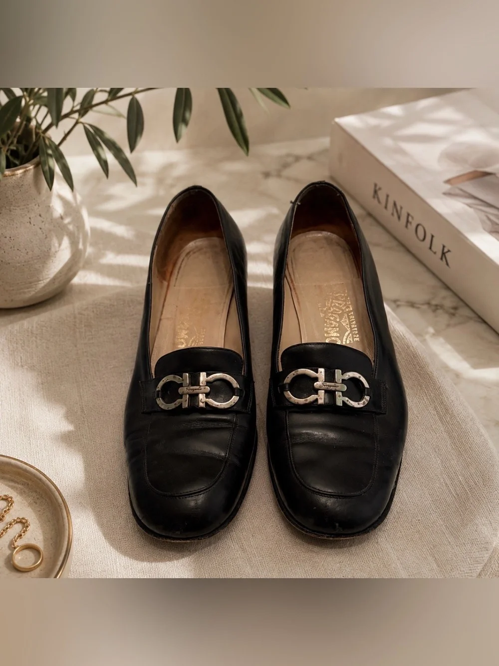 Salvatore Ferragamo Black Leather Loafers with Silver Accent size 10