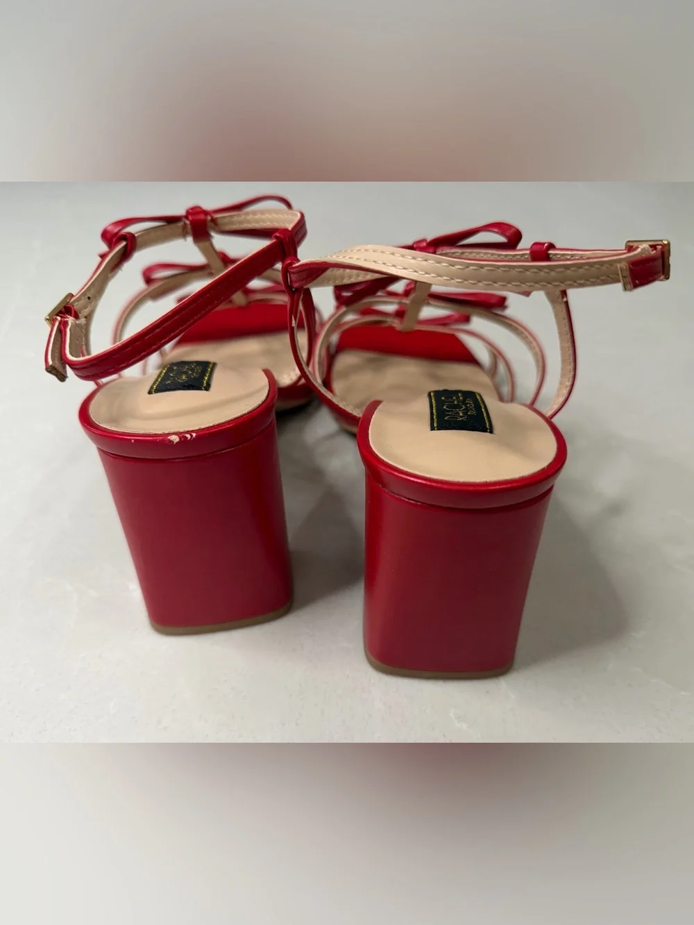 RACHEL Rachel Roy Cologne Bow Block Heel Sandals Red Defect on Heel, Size 9