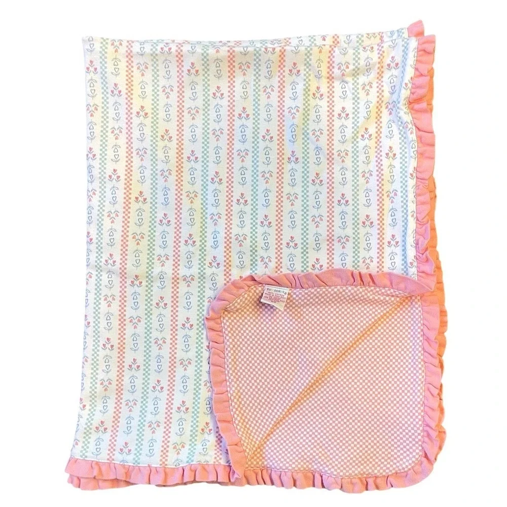 Vtg Gymboree Checkered Flowers Hearts Baby Blanket Floral Blue White Pink Ruffle