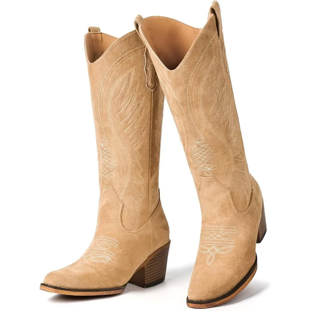 Women's Tan Mid Calf Embroidery Cowgirl Boots Retro Snip Toe Western Boot