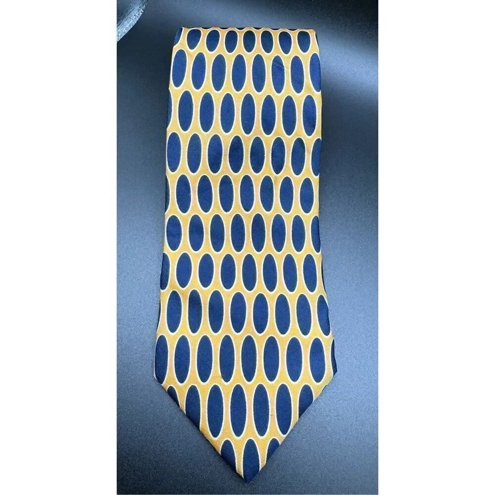 Lands’ End Men’s 100% Silk Neck Tie Yellow Blue Oval