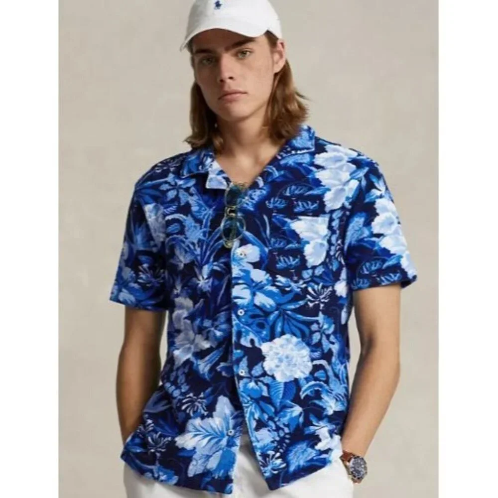 Polo Ralph Lauren Men's Camp Shirt Slim Fit Floral Blue Button Pocket XL