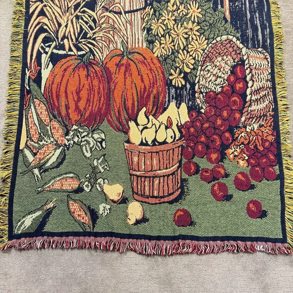 Vintage Fall Harvest Woven Tapestry Throw Blanket Fringed Pumpkins 48
