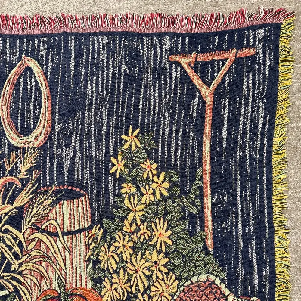 Vintage Fall Harvest Woven Tapestry Throw Blanket Fringed Pumpkins 48