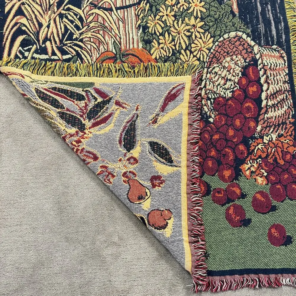 Vintage Fall Harvest Woven Tapestry Throw Blanket Fringed Pumpkins 48