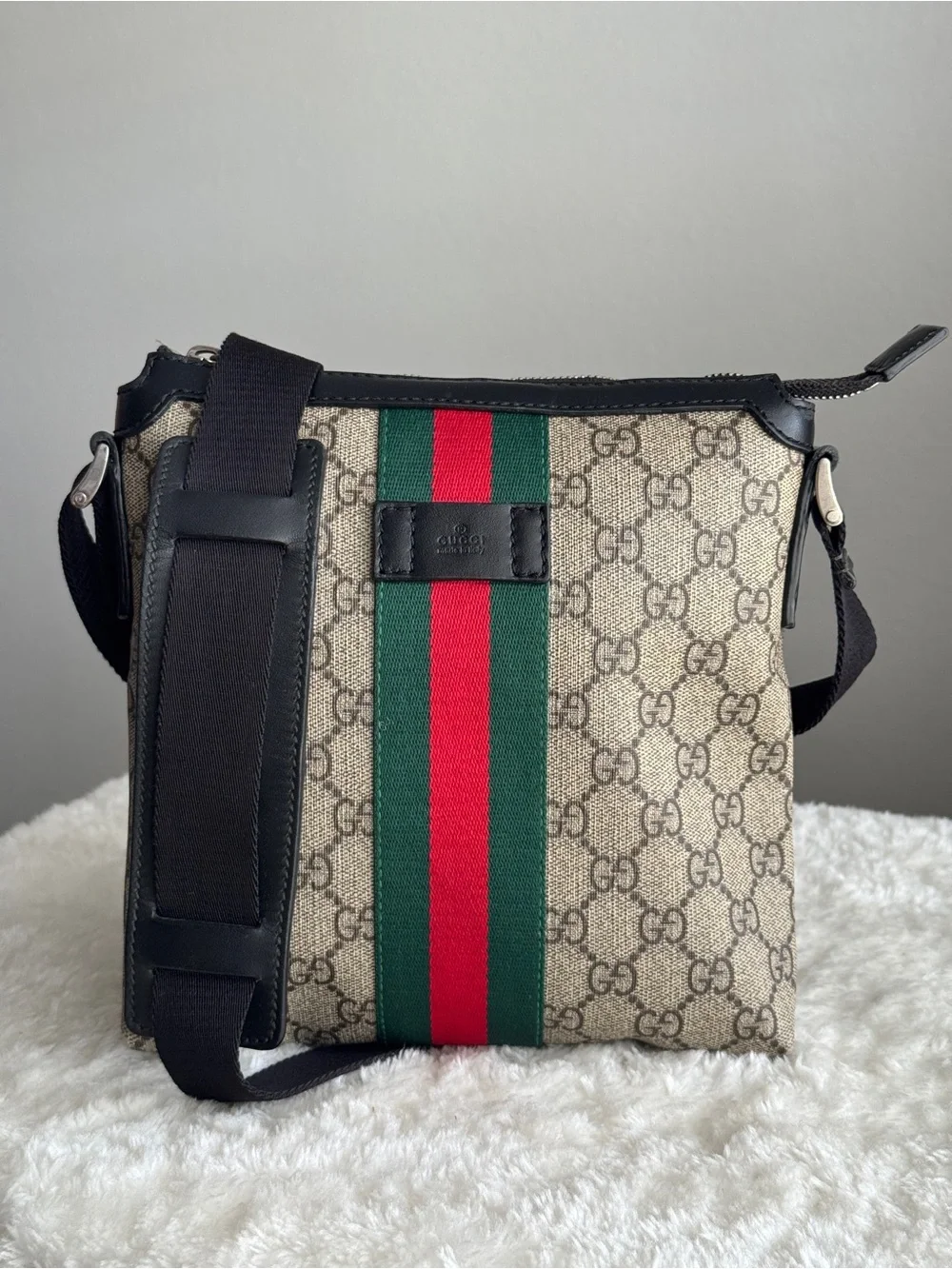 Gucci small Beige GG Canvas Messenger Bag with Green & Red Stripe