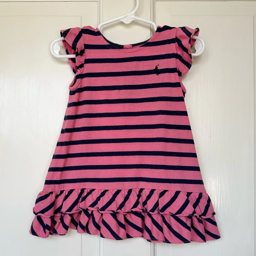 Ralph Lauren 12M Striped Ruffle Dress & Bloomers Pink Navy