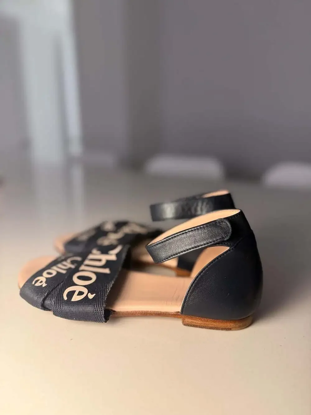 Chloé Kids Woody Navy Blue Canvas Flat Sandals with Ankle Strap Size 34