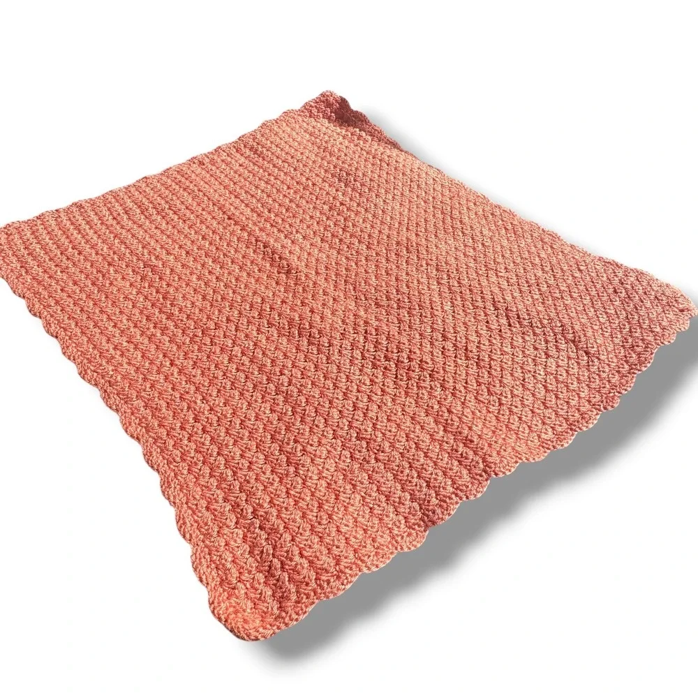 Handmade Crochet Baby Blanket Terracotta Coral Scalloped Popcorn Stitch 29x24‎